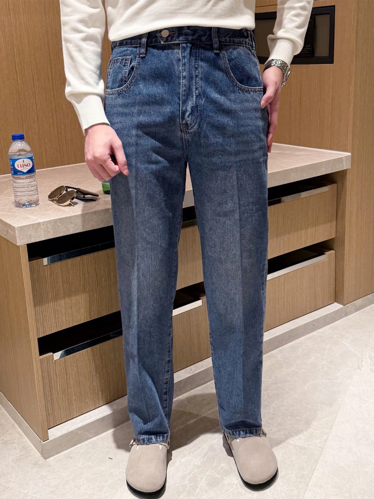 

Синие мужские повседневные прямые джинсы с завязками, износостойкие новые винтажные джинсы 2025 года со средней талией и застежкой-молнией из смеси хлопка