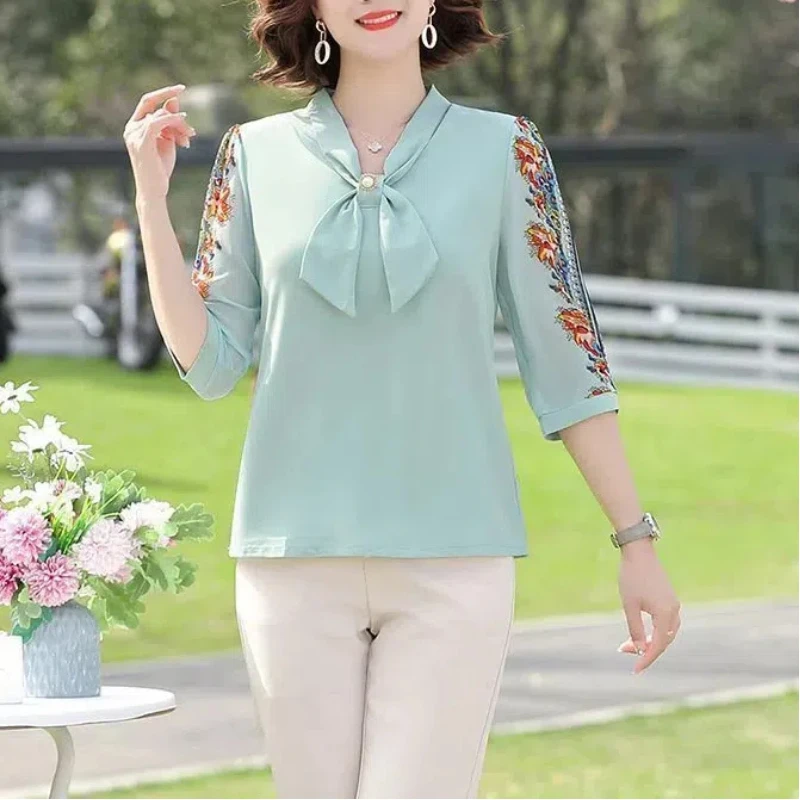 Women's Clothing 2024 Middle Aged Mom Summer Set Fashionshort Pullovers Sleeve Blouse Middle Aged and Elderly Spring Clothes Sui