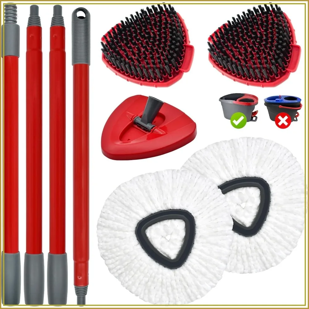 

Spin Mop Replacement Heads & Handle, 2 Microfiber Refills, Brush, Base, 4-Section 30-58" Adjustable Handle for Wet/Dry Floor Cleaning