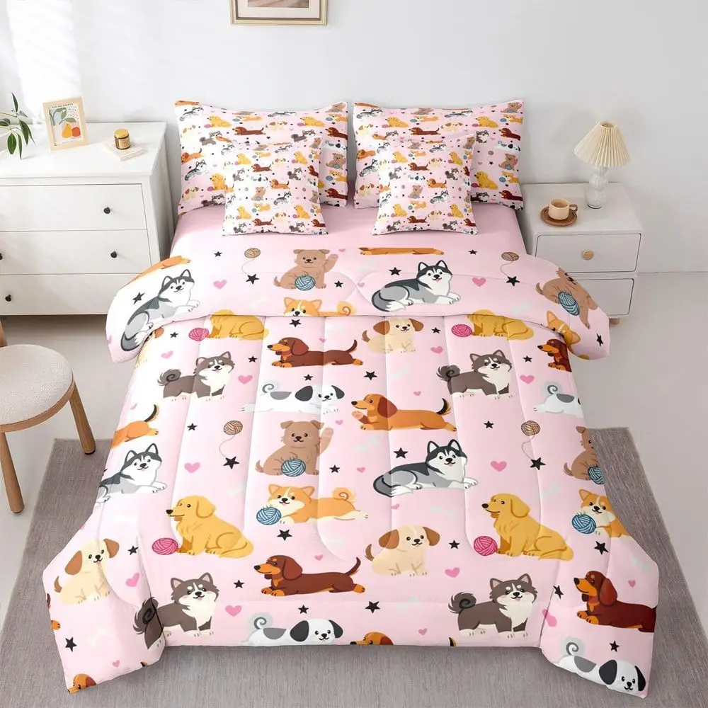 

7-Piece Queen Size Dog-Themed Bedding Set: Cozy Puppy Bedding for Kids with Comforter, Sheets, Pillowcases, and Cushion Covers i