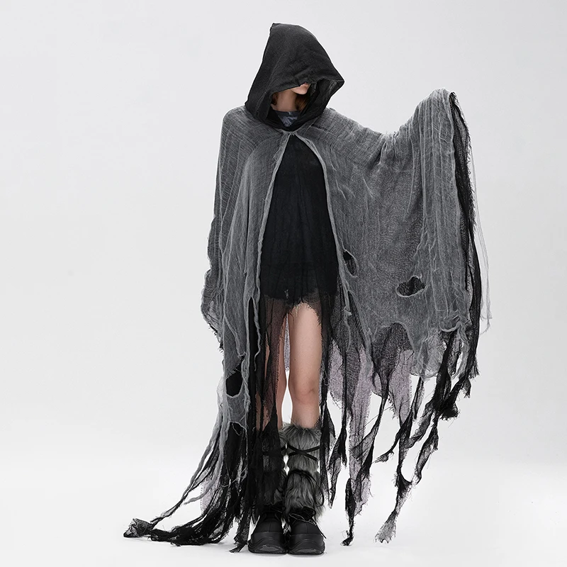 Halloween Witch Cloak with Hood Exaggerated Ripped Grim Reaper Cape Cosplay Props