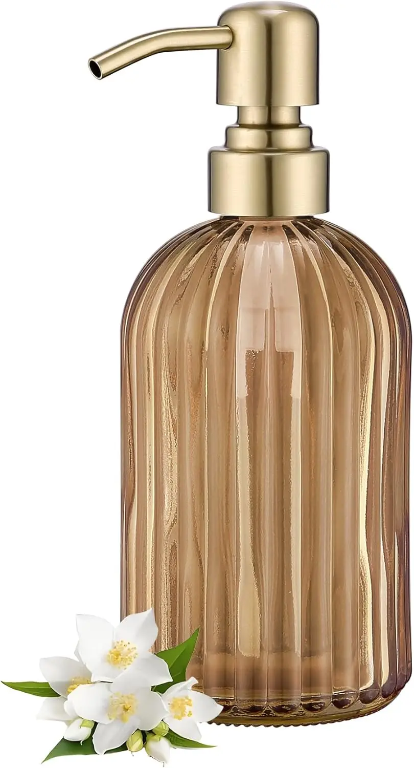 

16 oz Amber Glass Soap Dispenser with Brushed Gold Pump, Vertical Stripe Hand Soap Dispenser for Kitchen and Bathroom