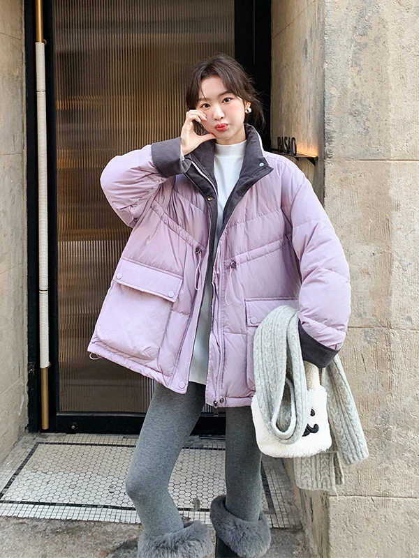 

Теплая фиолетовая женская пуховая куртка с эффектом утяжки талии, зимняя верхняя одежда, повседневный свободный крой, экологичный белый пух