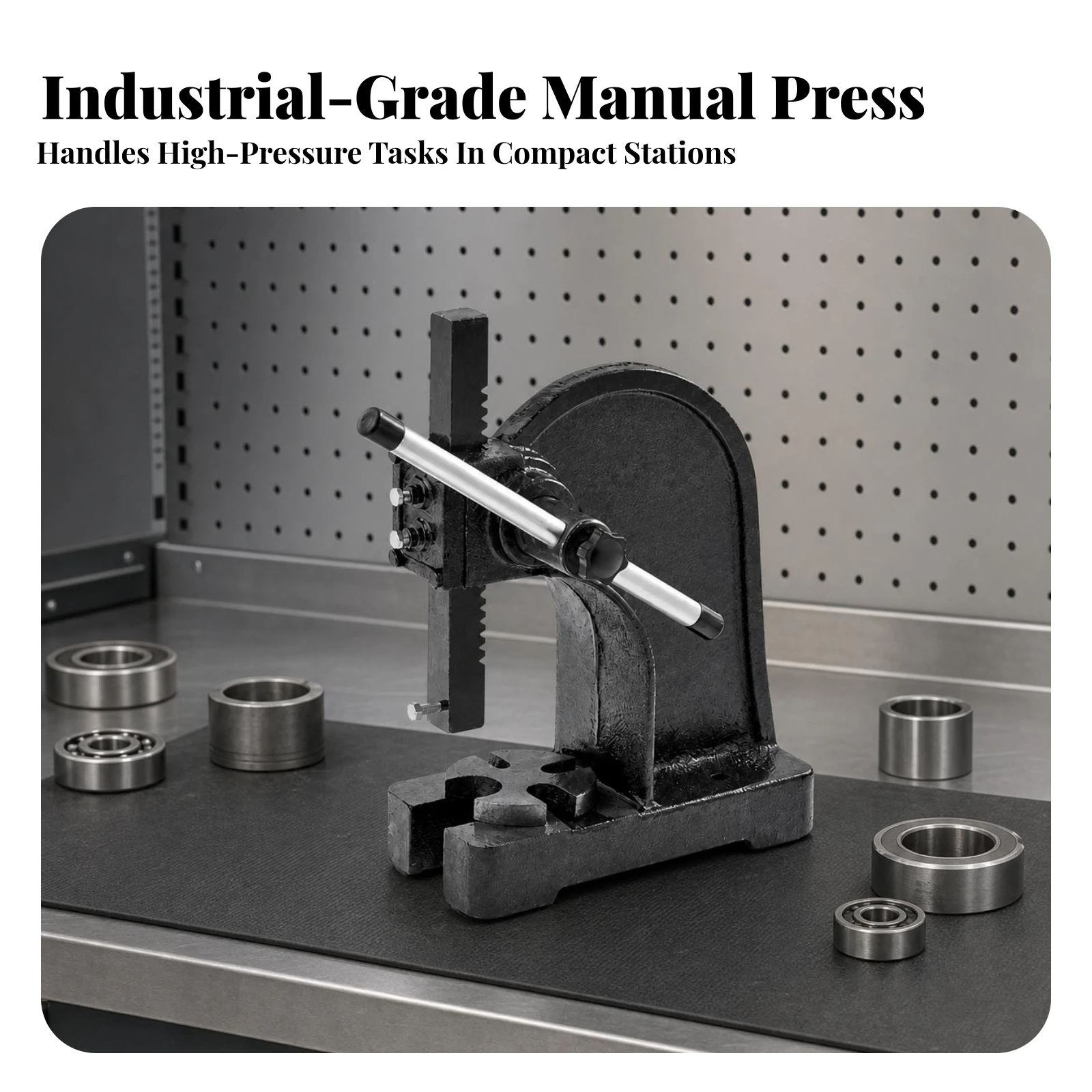 Hand Operated Workshop Press with Slotted Work Table 1 Ton Capacity Bench Tool for Shaft Bearing and Part Fitting Jobs
