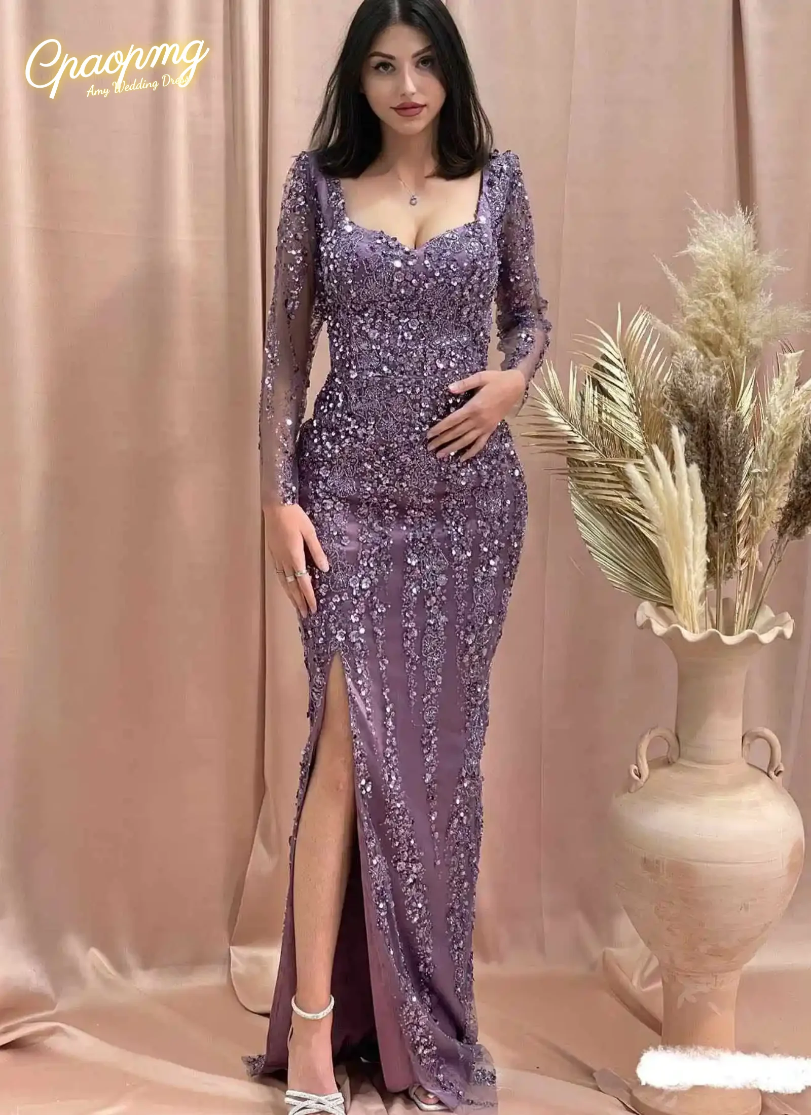 

Customized Enchanting And Elegant Cocktail Dresses Sweetheart Appliques Beading High fork Sequined Brush Train Formal Dress