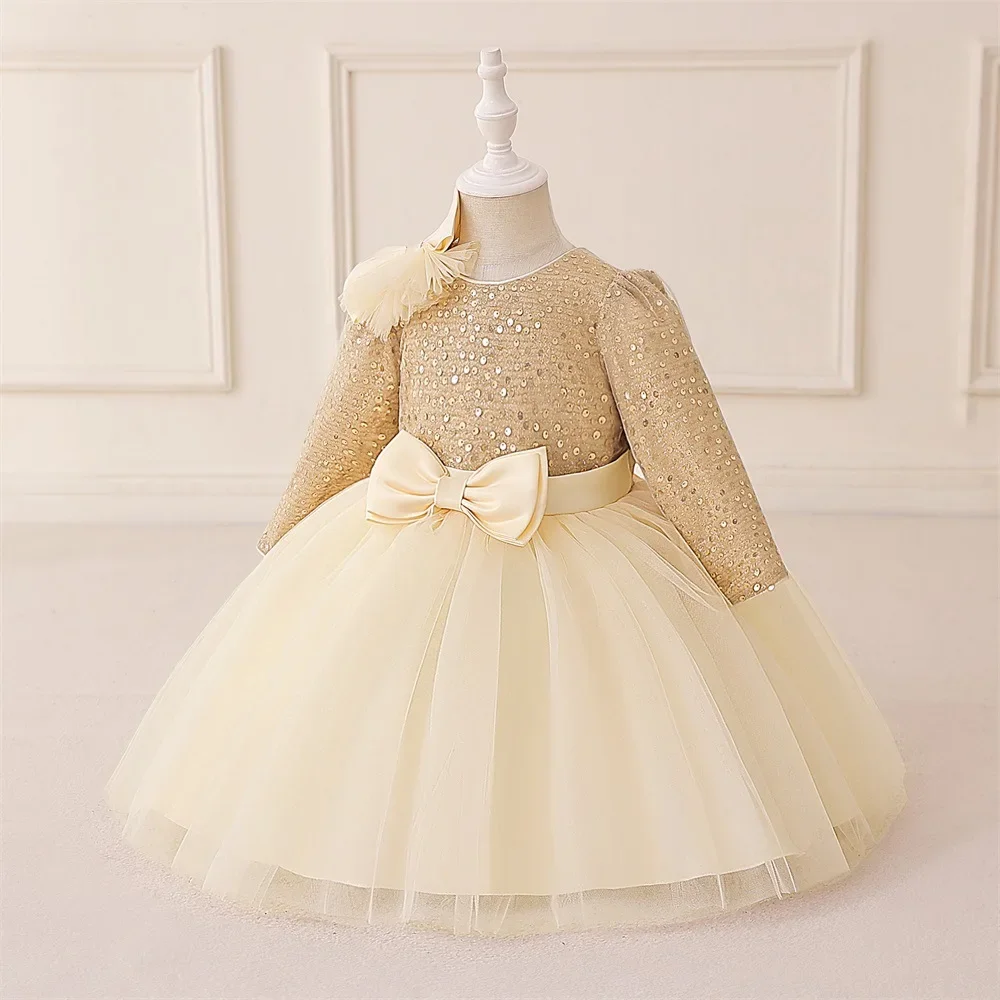 Long Sleeve Sequins Baby Girl Dress Gold Kids First Birthday Princess Wedding Party Bridesmaids Ball Gown 6M-3Y