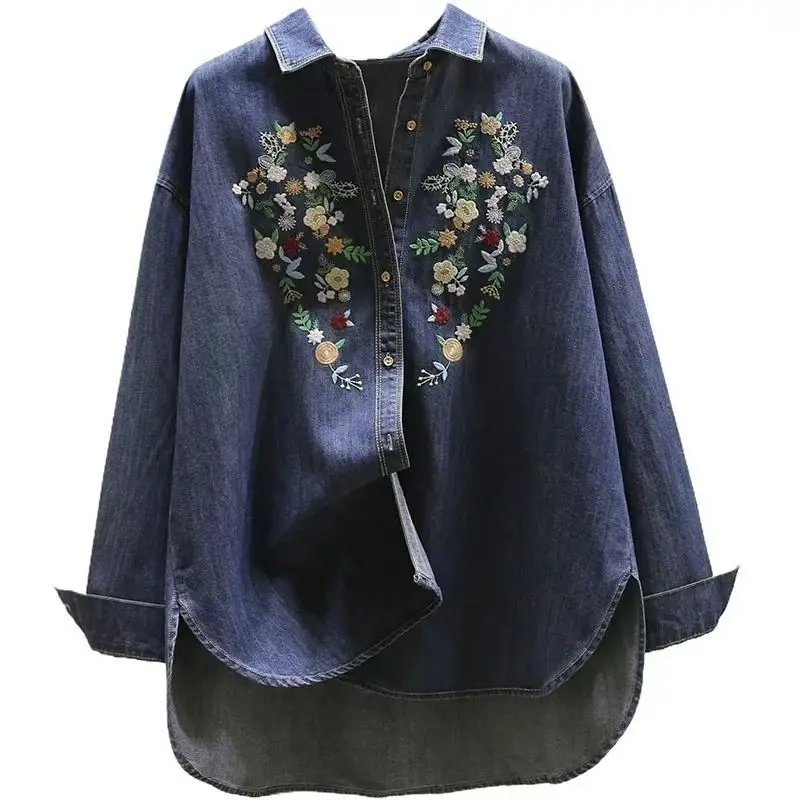 Women's Jeans Jacket No Curling Edges Retro Embroidery Denim Shirt Jacket Spring New Loose Design Long Sleeves Blouse Top