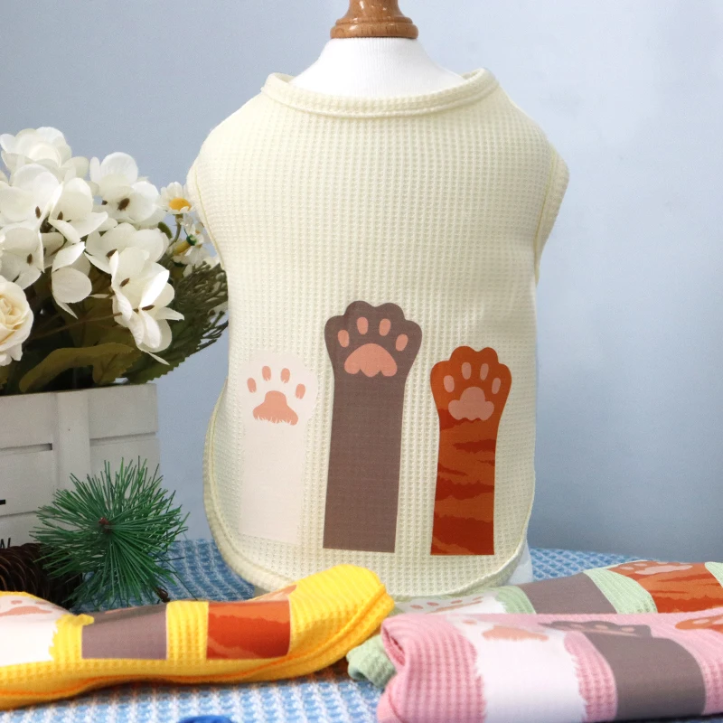 Waffle Pet Sleeveless Tank Top for Cats and Dogs, Universal Cute Candy Color, Minimalist Cat Paw Print, Spring and Autumn Clothi