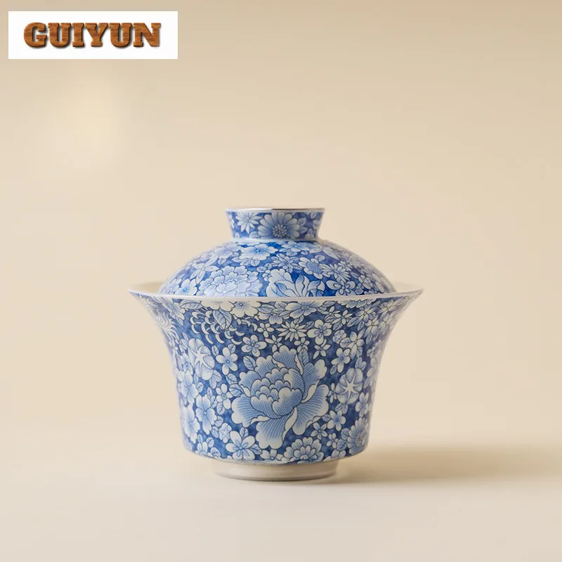 

150ml Blue And White Gilt Silver Gaiwan Handmade Tea Tureen Tea Bowl With Lid Kit Tea Maker Cover Bowl Drinkware Ornaments Craft