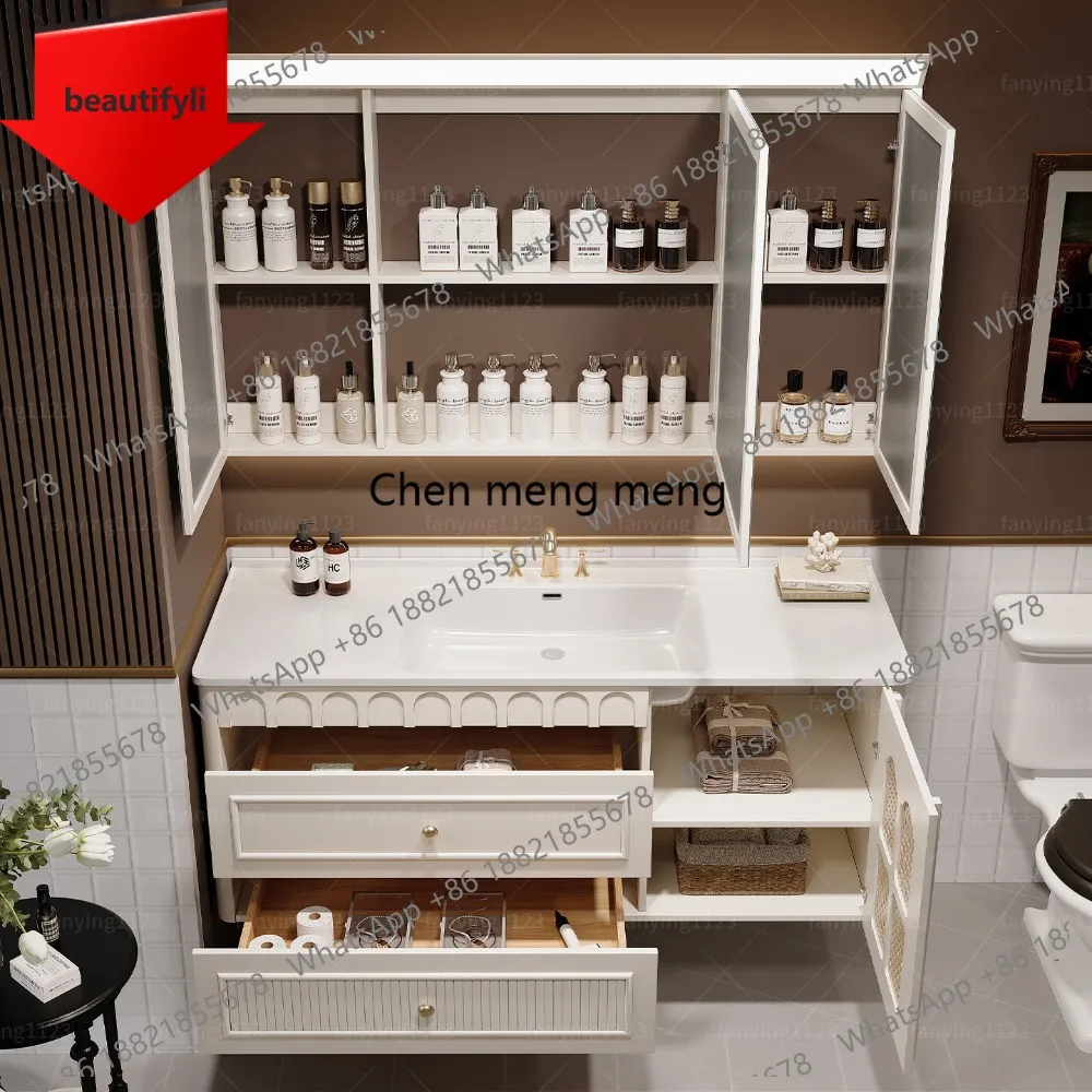 

Тумба для ванной M45 из французского дуба с интегрированной керамической раковиной, комбинированный умывальник в старинном стиле