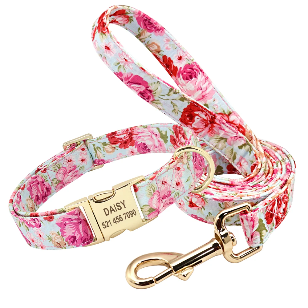 Personalized Floral Dog Collar And Leash Set For Small Medium Large Dogs_voghion.com