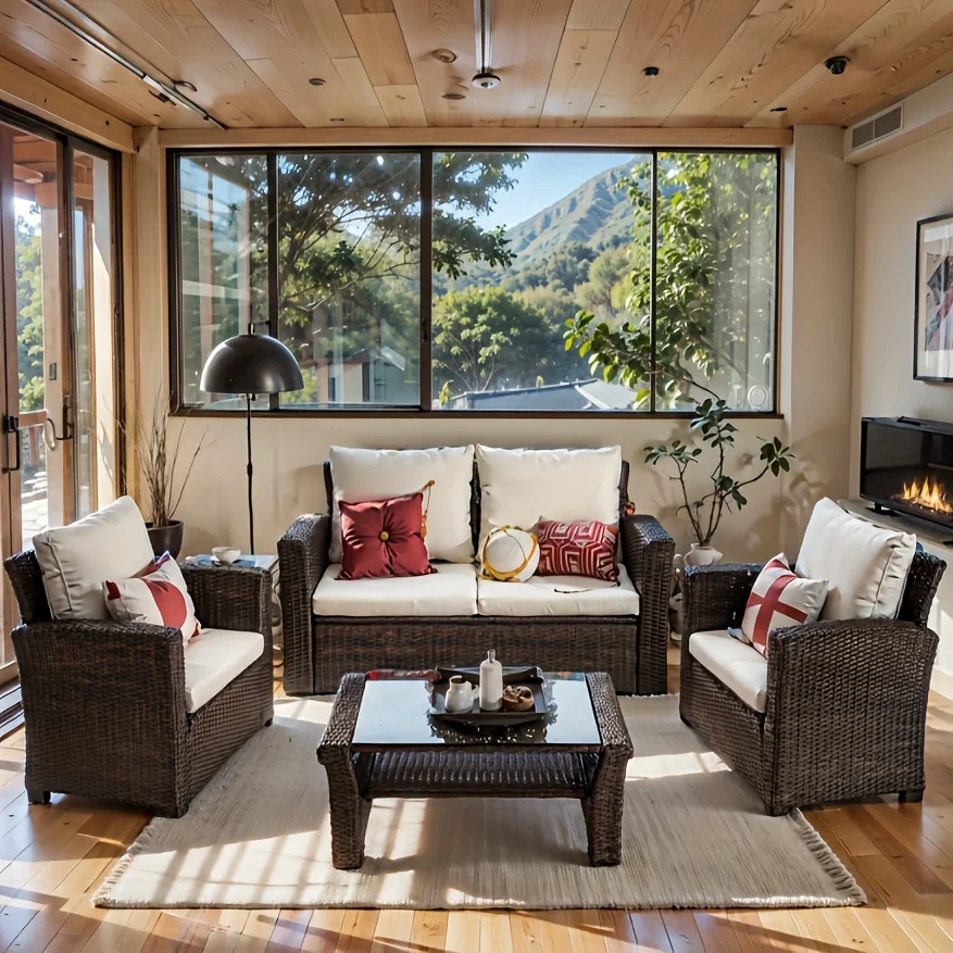 

4pcs Outdoor Patio Furniture Set, Outdoor Sectional Sofa With Tempered Glass Coffee Table And Cushions, Wicker Rattan Patio Set