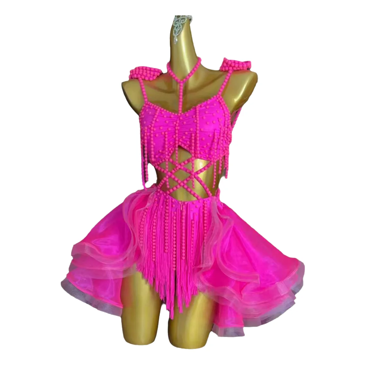 Jupe en maille rouge rose personnalisée haut de gamme pour danseuses latines, adultes et enfants, robe de performance Samba AB Stone de précision