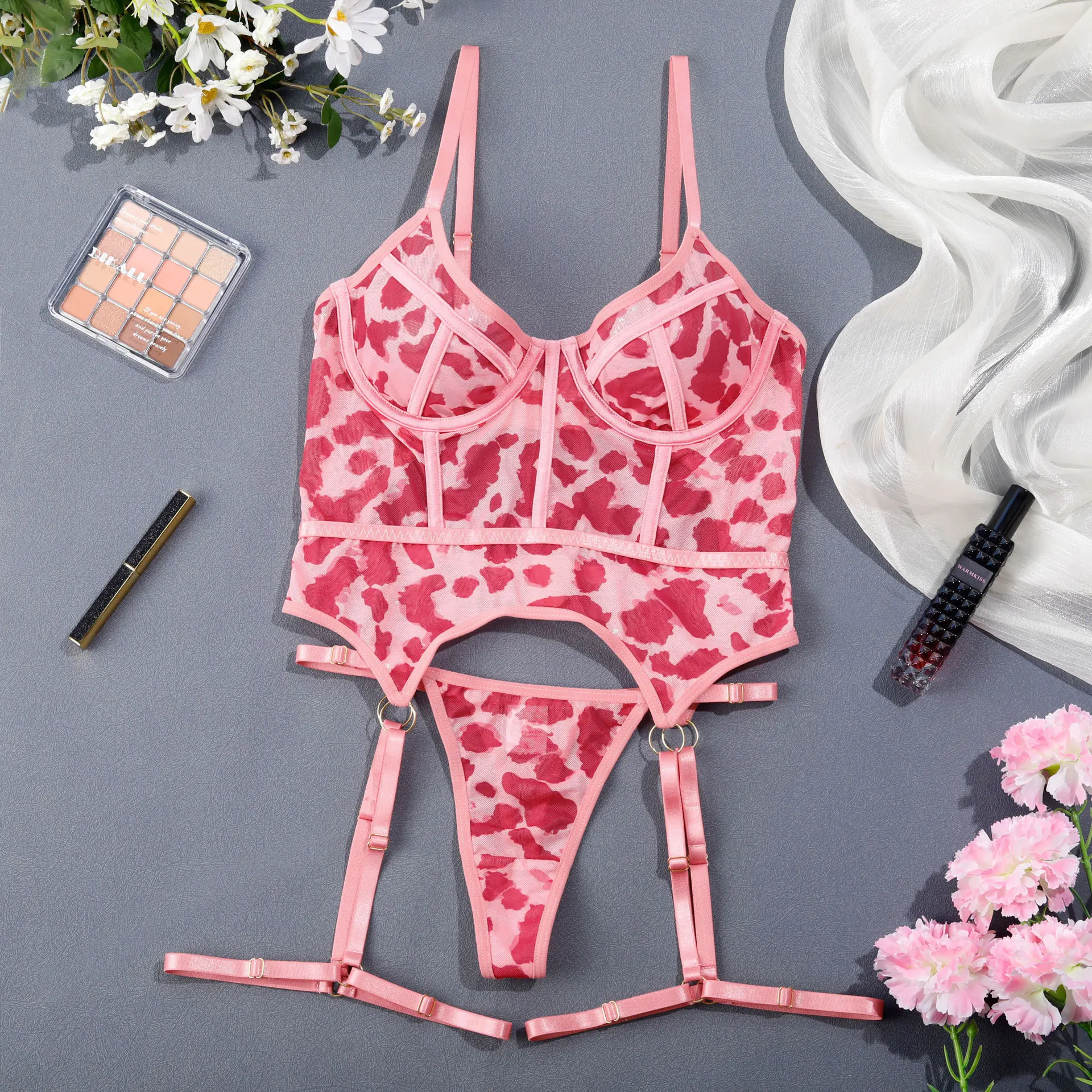 Ensemble de Lingerie léopard en dentelle transparente, Corset, soutien-gorge et culotte, sous-vêtements sans entrejambe, tenue Sexy pour femme, Kit fantaisie intime et exotique