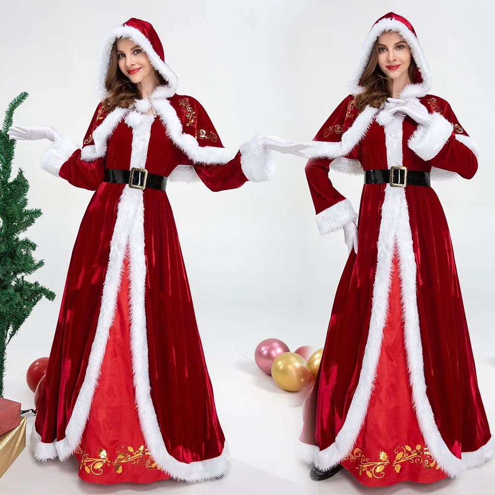 

2023 New red hooded shawl furred long skirt Christmas dress Annual party dress Christmas party