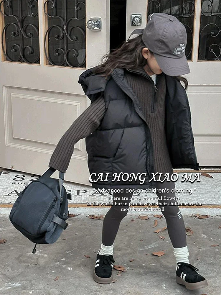 

Girls Down Vest Coat New Children Stylish Solid Color Hooded Warm Sleeveless Coat Autumn Winter 2024 Korean Simple Style