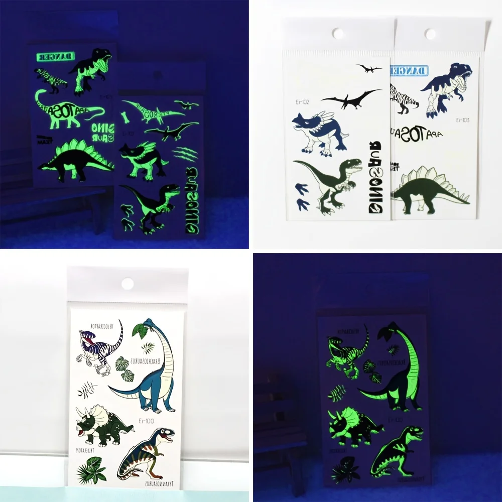 10 arkuszy świecących tatuaży tymczasowych z dinozaurami, wodoodporne, świecące w ciemności T-Rex, Pterodaktyl, Velociraptor, Triceratops, Stegozaur — zdjęcie 5