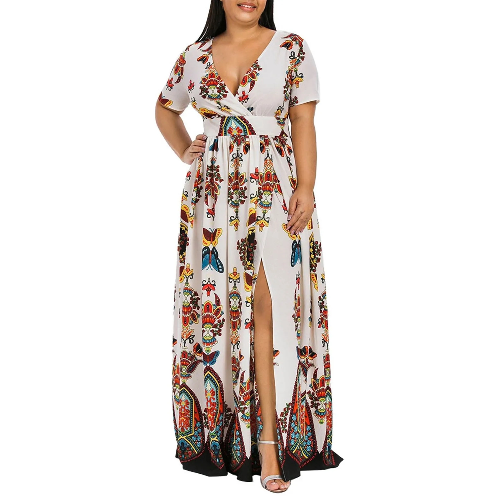 

Plus Size Women Dress Fashion Trend Butterfly Printed V-Neck Short Sleeve Dress Daily Date Vacation Party Casual Slit Long Dress