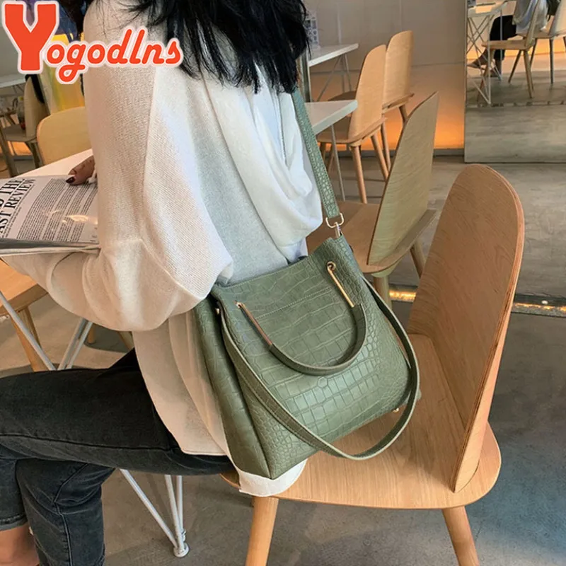 Yogodlns Crocodile Pattern Bucket Bag Women Bag Fashion Handle Bag Ladies Shoulder Bag Female Alligator Crossbody Bag