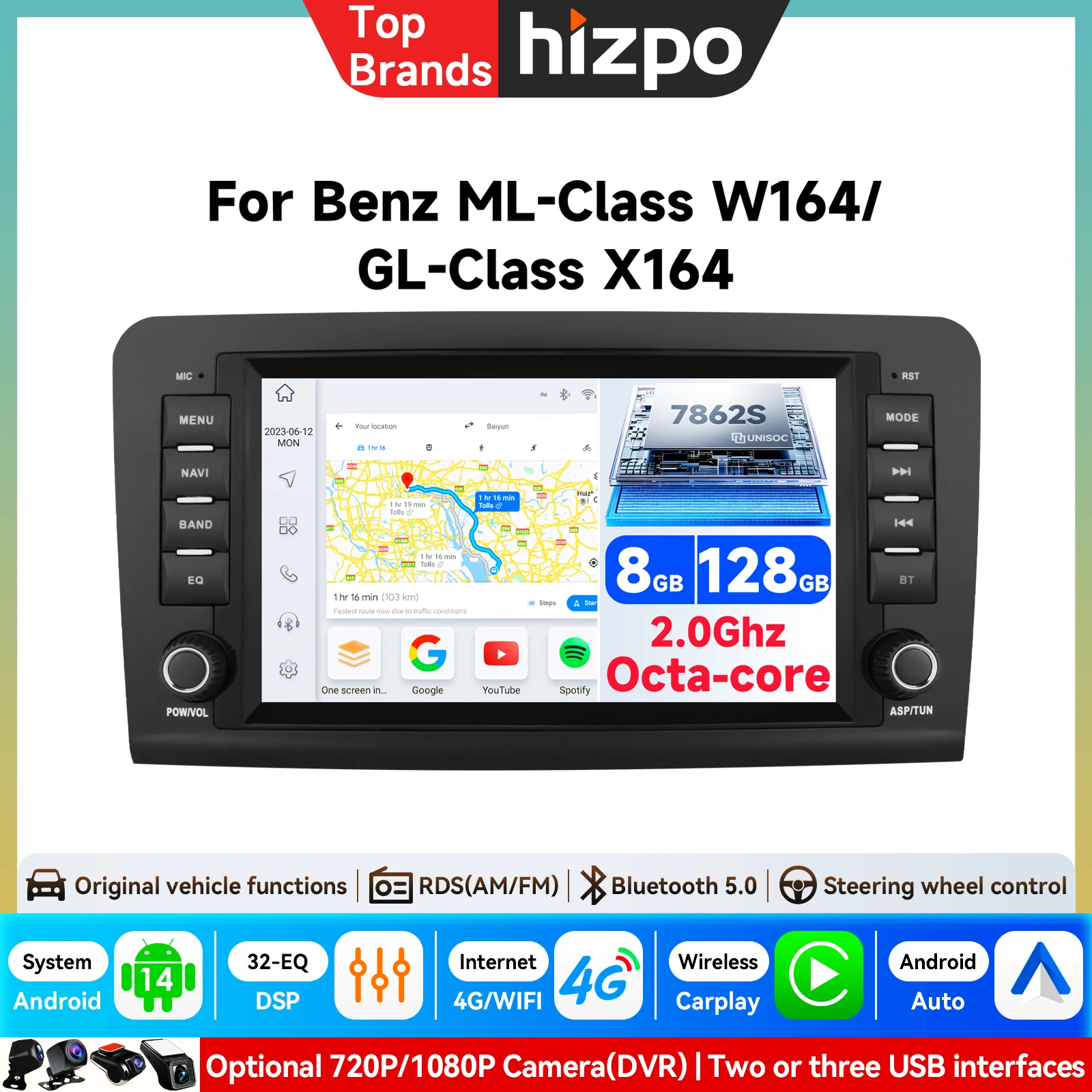 Autoradio Android 2Din da 8 Pollici 7862 per Mercedes Benz Classe M ML W164 X164 ML350 ML300 GL500 ML320 ML280 GL350 GL45 con Schermo 4G Carplay