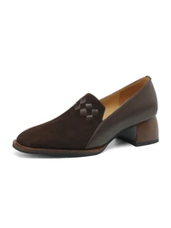 Women Pumps Kid Suede Sewing Block Heel Dress Shoes SmallHut Brand 2424