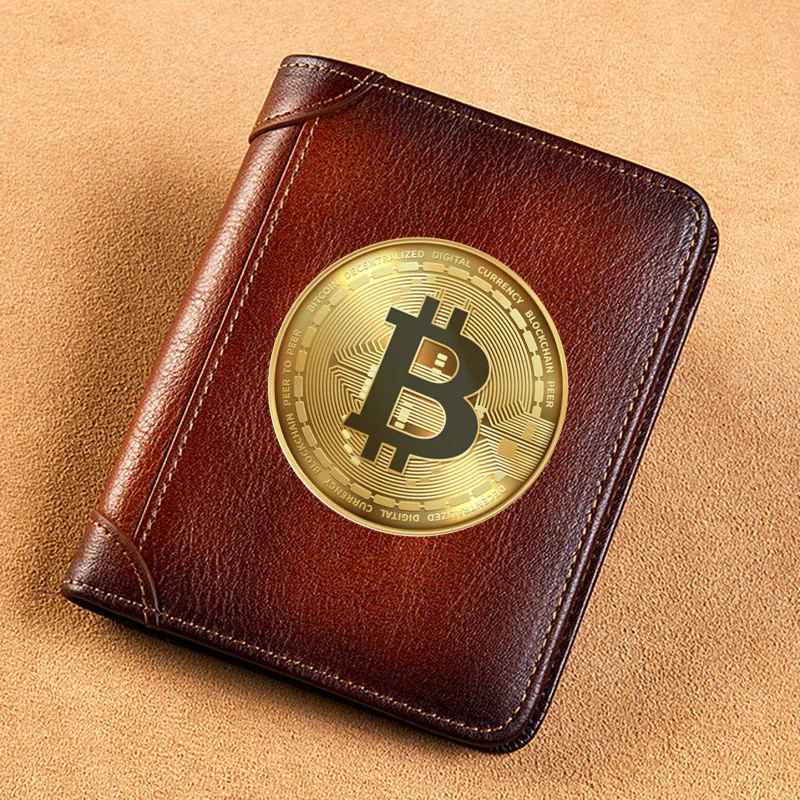 High Quality Genuine Leather Men Wallets Golden Bitcoin Sign Printing Short Card Holder Purse Billfold Men's Wallet BK1003