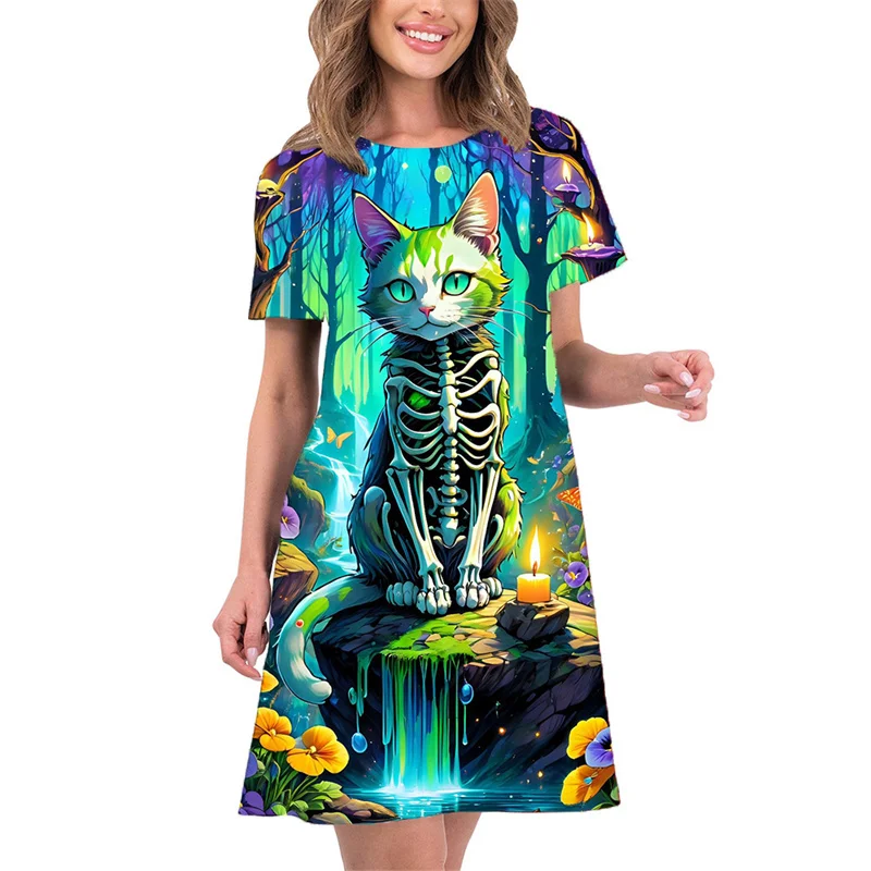 

Sweet Cartoon Animal Cat Print Women Dress Fashion Cute Short Sleeve Mini Dress Summer Casual Loose O-Neck Ladies A-Line Dresses