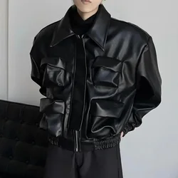 Y2K Mens PU Leather Jacket Pocket Motorcycle Coat Spring Casual Gothic High Street Dark Silhouette Top Men's Wear Unisex 2025