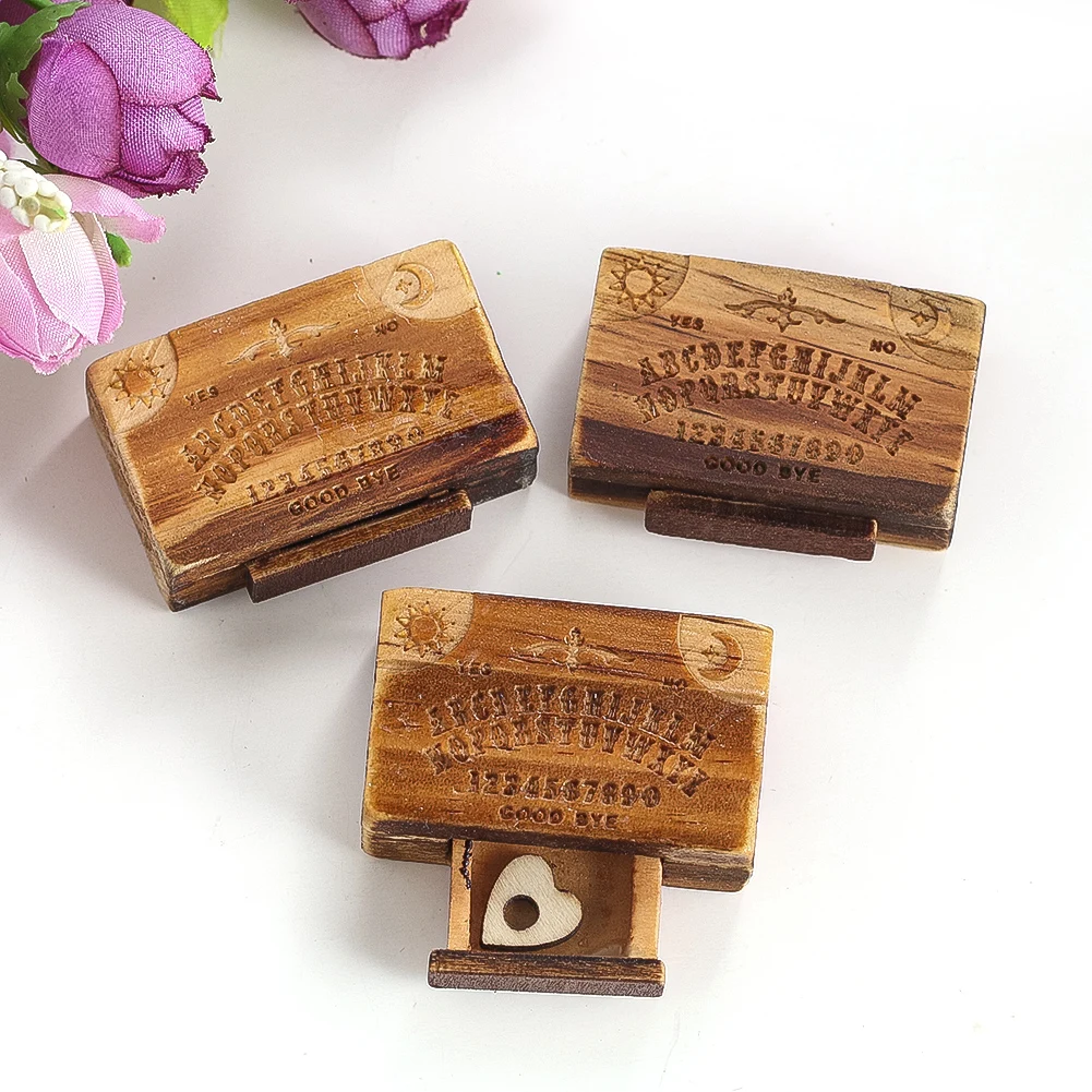 Mini Wood Ouija Board Game Miniatures Figurines Talking Spirit Pendulum Board with Planchette Drawer Witch Divination Tool Decor