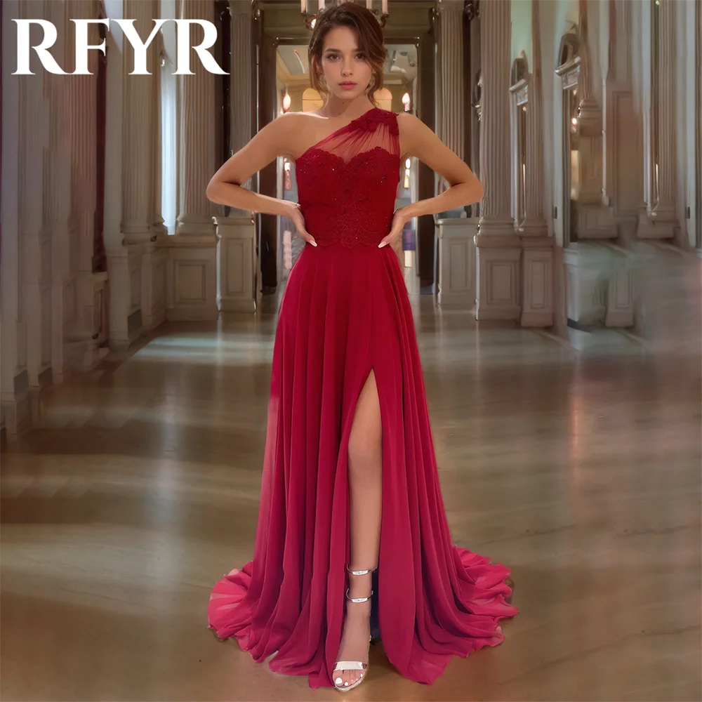 

RFYR A Line Prom Dress Appliques Party Dress Beading One Shoulder Split Celebrity Gowns with Pleats Party Dress Customized