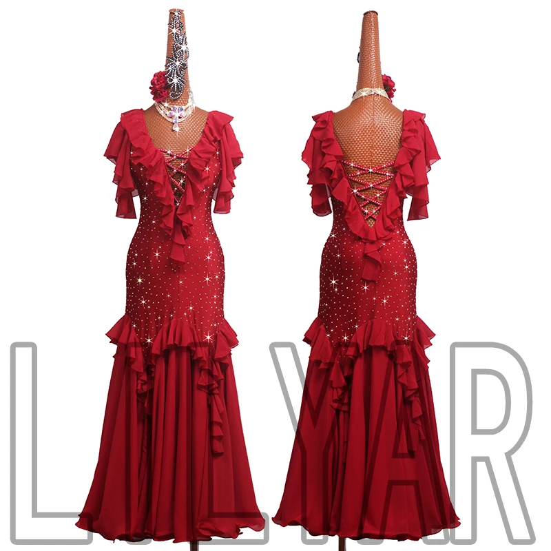 New Modern Dance Skirt Competition Performance Dress Wine Red Slim Fit Large Swing Sparkling Diamond Long Dance Skirt