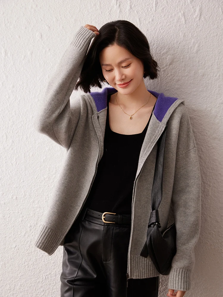 ฤดูใบไม้ผลิฤดูใบไม้ร่วงHoodedสีทึบซิปเสื้อสเวตเตอร์ถักแคชเมียร์เสื้อถักเสื้อกันหนาวผู้หญิงคุณภาพสูงสไตล์เรียบง่ายเสื้อสบาย