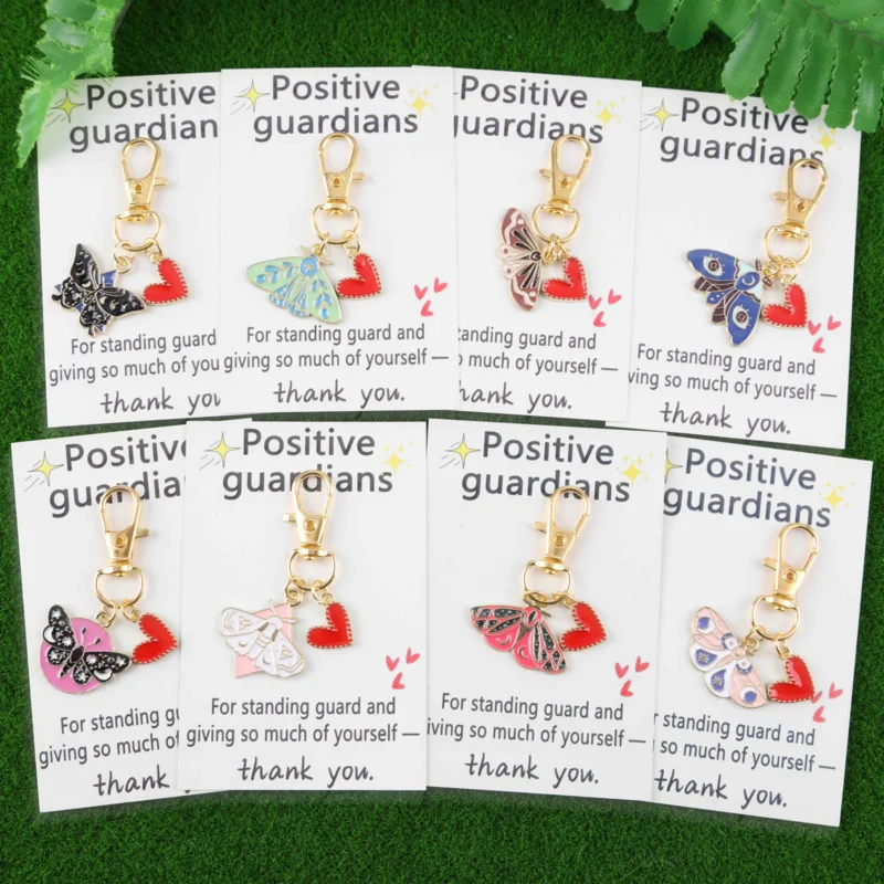 Graceful Butterfly and Heart Keychain Set，10Red heart and butterfly design，Including“A proactive guardian”and“A heartfelt thank