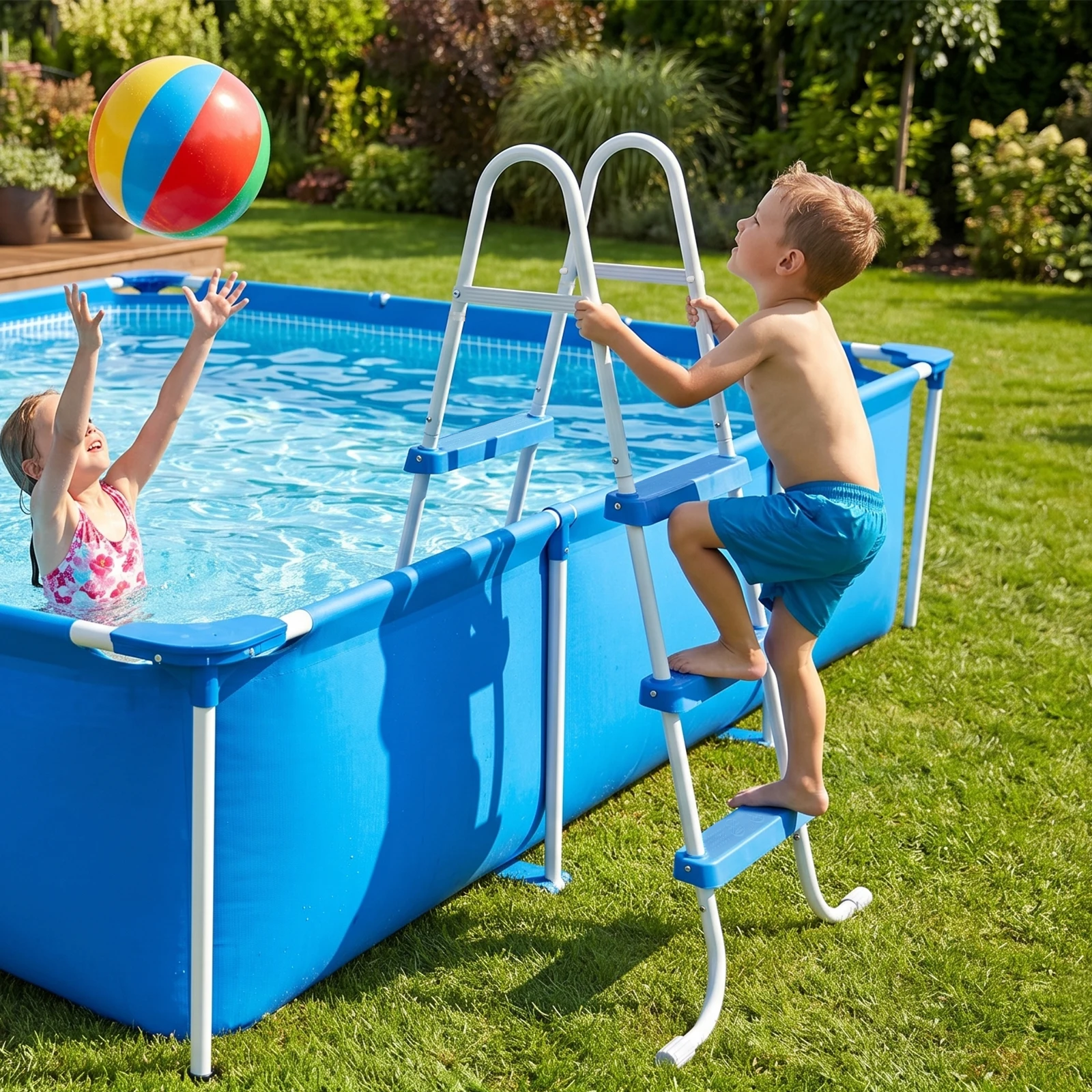 

3-Step 42in Iron Pool Ladder (White Frame + Blue Steps)
