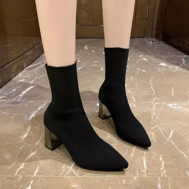 

Simple Fashion Stretch Socks Boots for Women High Heels Shoes Knit Socks Boots Skinny Women Pointed Toe Ankle Boots Botas Mujer