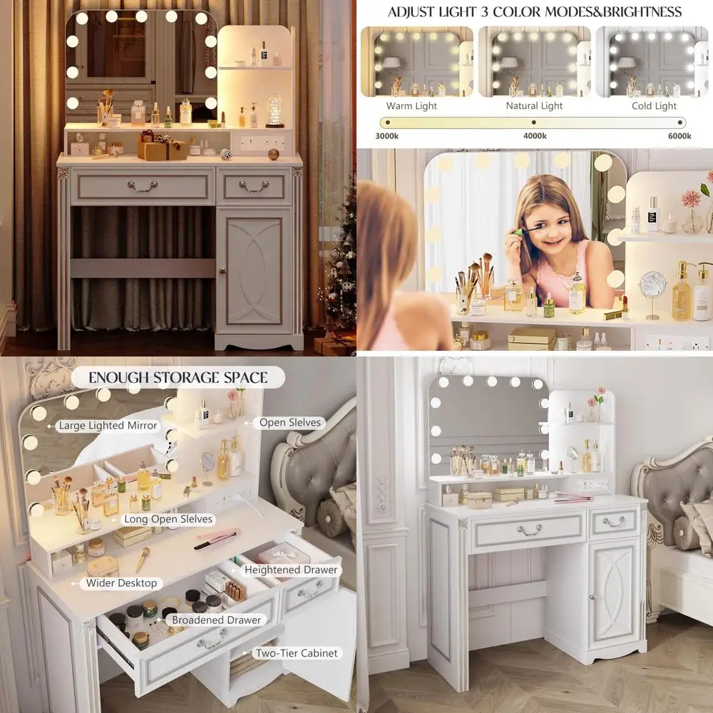 Vintage 39.4 Makeup Vanity Desk with Illuminated Mirror and Power Outlet for Bedroom