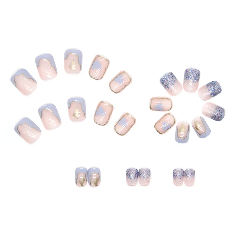 

24pcs Blue Heart Press-On Nails - Irregular Graffiti With Gold Foil Print & Glitter Medium Square False Nails