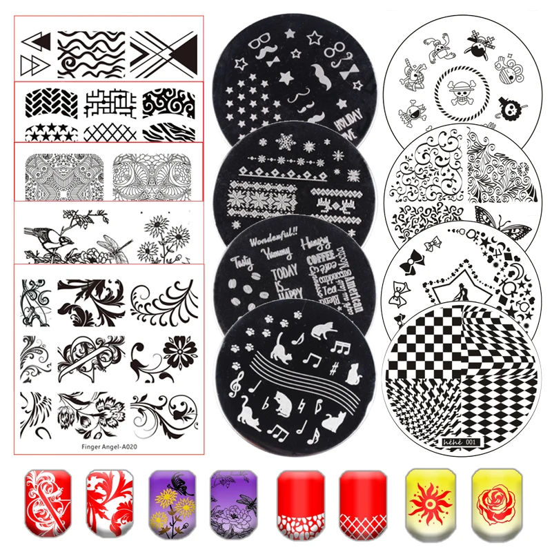 Pochoir d'estampage pour ongles, motifs d'anges, feuilles, fleurs, rayures, lignes abstraites, motifs floraux, crâne, chat