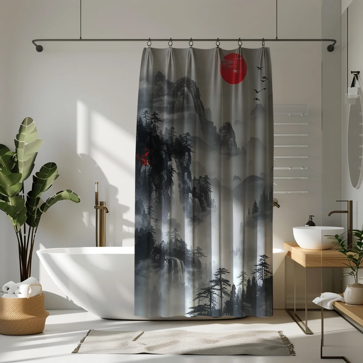 1 pack Chinese landscape painting pattern polyester material shower curtain tarpaulin bathroom thickeneded mildew-proof partition curtain bathroom