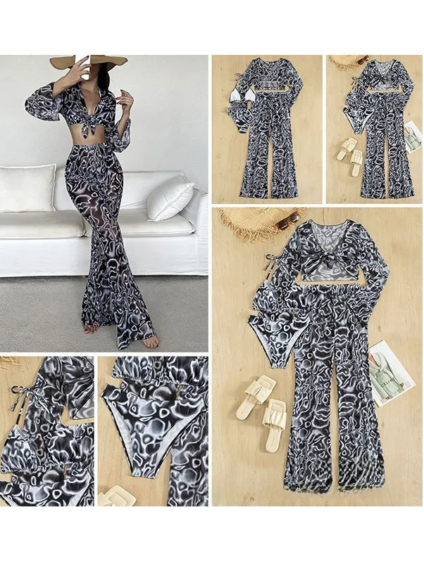 

2023 Women's Four-Piece Bikini Set Long Sve Beachwear Sunscreen Swimsuit Floral Print V-Ne Polyester Material with Chest...