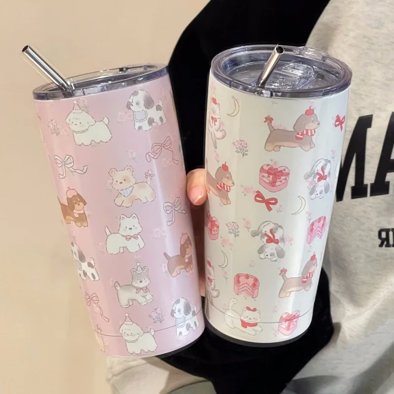 Kawaii Puppy Stainless Steel Thermoses Large Capacity Tumbler Ice Coffee Juice Cup With Straw Thermal Mug Drinkware Bottle 500ML