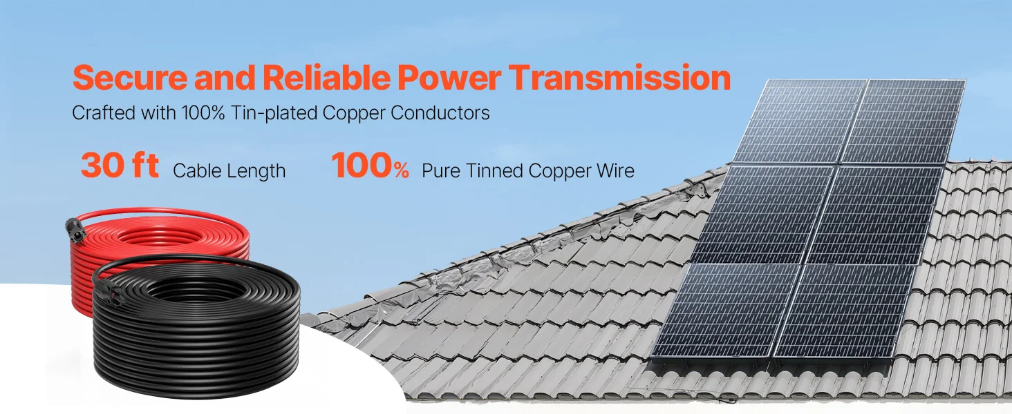SucceBuy Solar Panel Extension Cable 20FT Black + 20FT Red / 30FT Black + 30FT Red / 50FT Black + 50FT Red / 100FT Black + 100FT Red 10AWG with Female & Male Waterproof Connectors 6mm² PV Cable for Home Ship