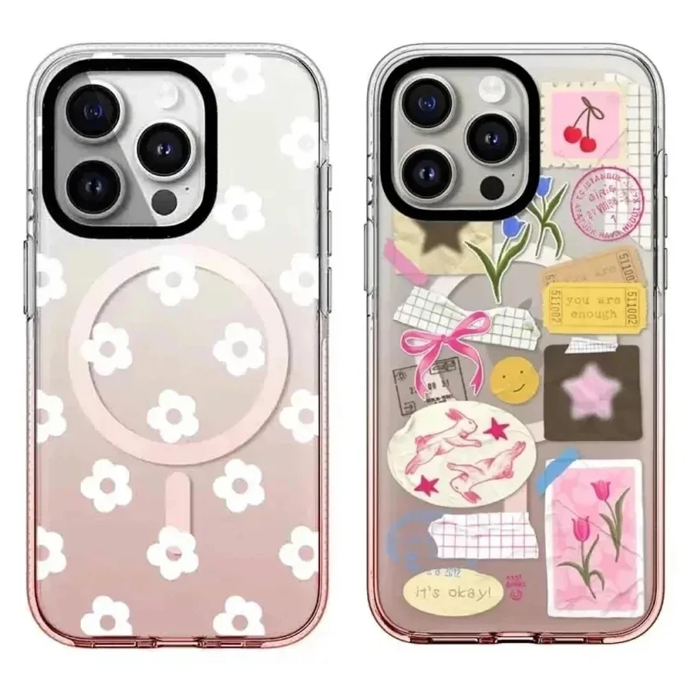 

Pink Gradient Transparent Border White Flower Pattern iPhone 13 14 15 Pro Max Protective Case