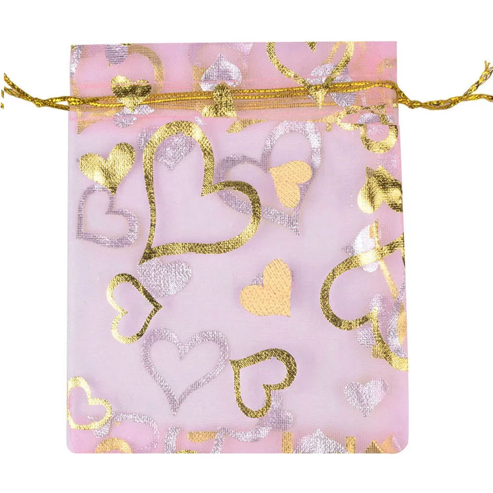 25/50/100pcs/lot Love Heart Organza Gift Bag Gold Color Heart Gifts Pouches For Wedding Party Candy Valentine Day Jewelry Bag