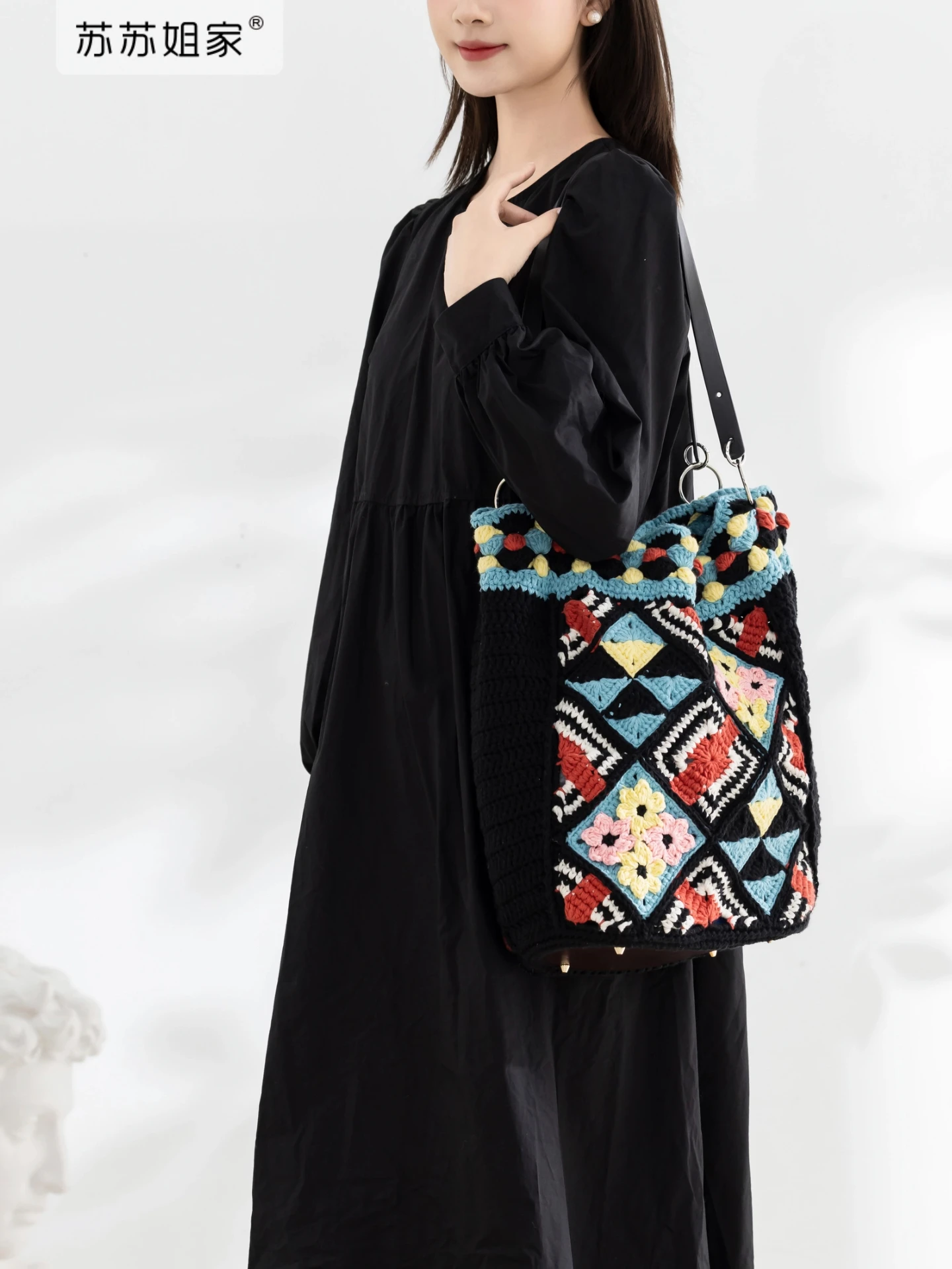 

SuSuJie Home Flower Brick Tote Bag Handmade DIY Hook Needle Knitting Wool Yarn Single Shoulder Bag 4 Strand Cotton Material Bag
