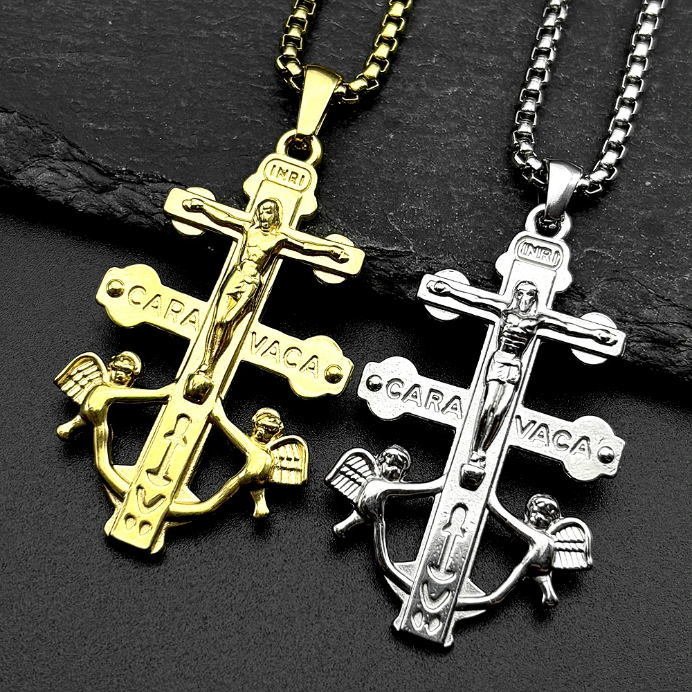 Católico INRI Caravaca Cruz Jesús crucifijo querubín Ángel colgante collar para Mujeres Hombres Acero inoxidable Color oro joyería regalo