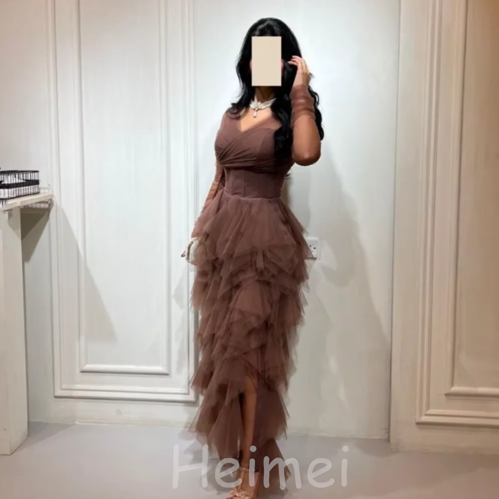 

Elegant Tulle Customized Prom Dresses V Neck Long Sleeves Evening Dress Ankle Length Illusion Party Gowns Floor Length Vestidos