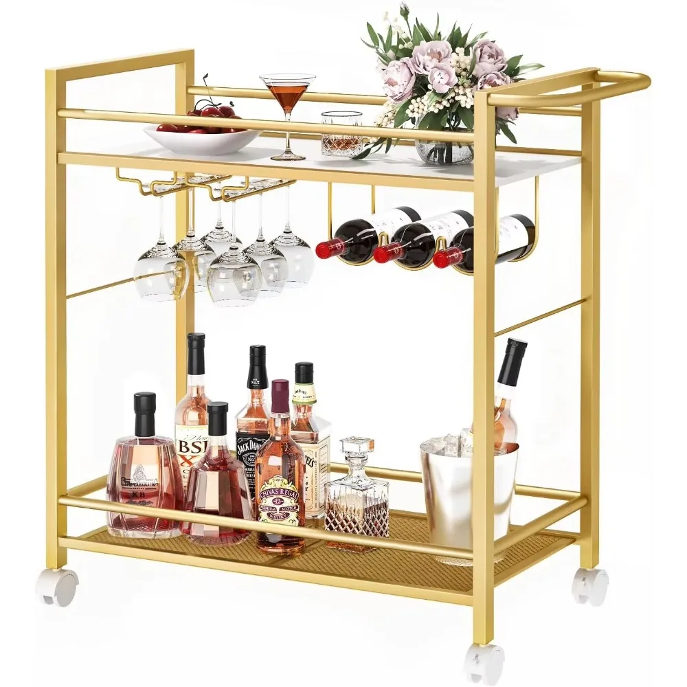 

,Home Bar Serving Cart with Storage Shelves, 2 Tier Rolling Beverage Cart with Wheels for Kitchen, Living Room,Dinning Room,Gold