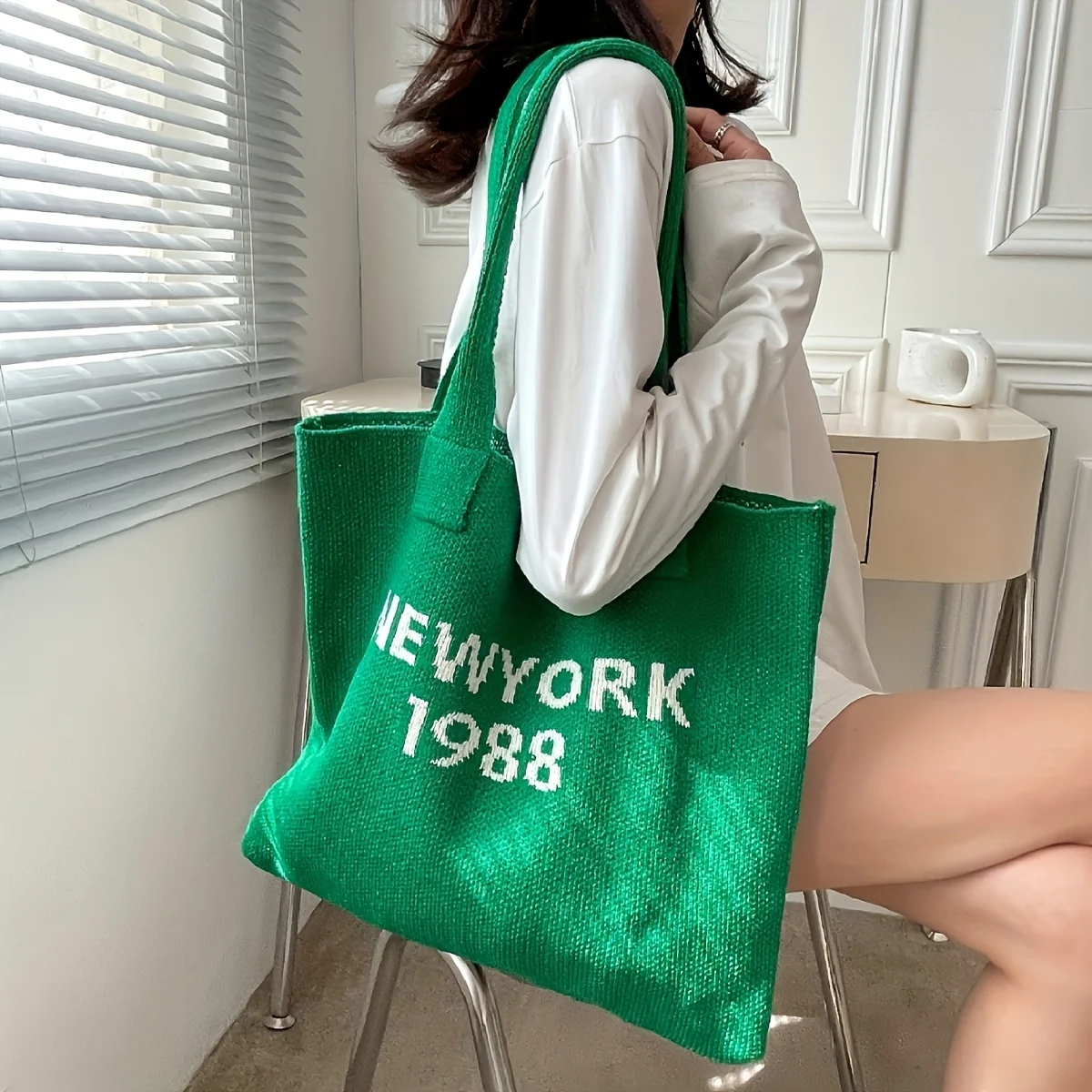 1998 Letter Graphic Knitted Tote Bag, Y2K Grunge Handbag Shoulder Bag, Large Capacity Handbag Hobo Bag & Grocery Shopping Bag