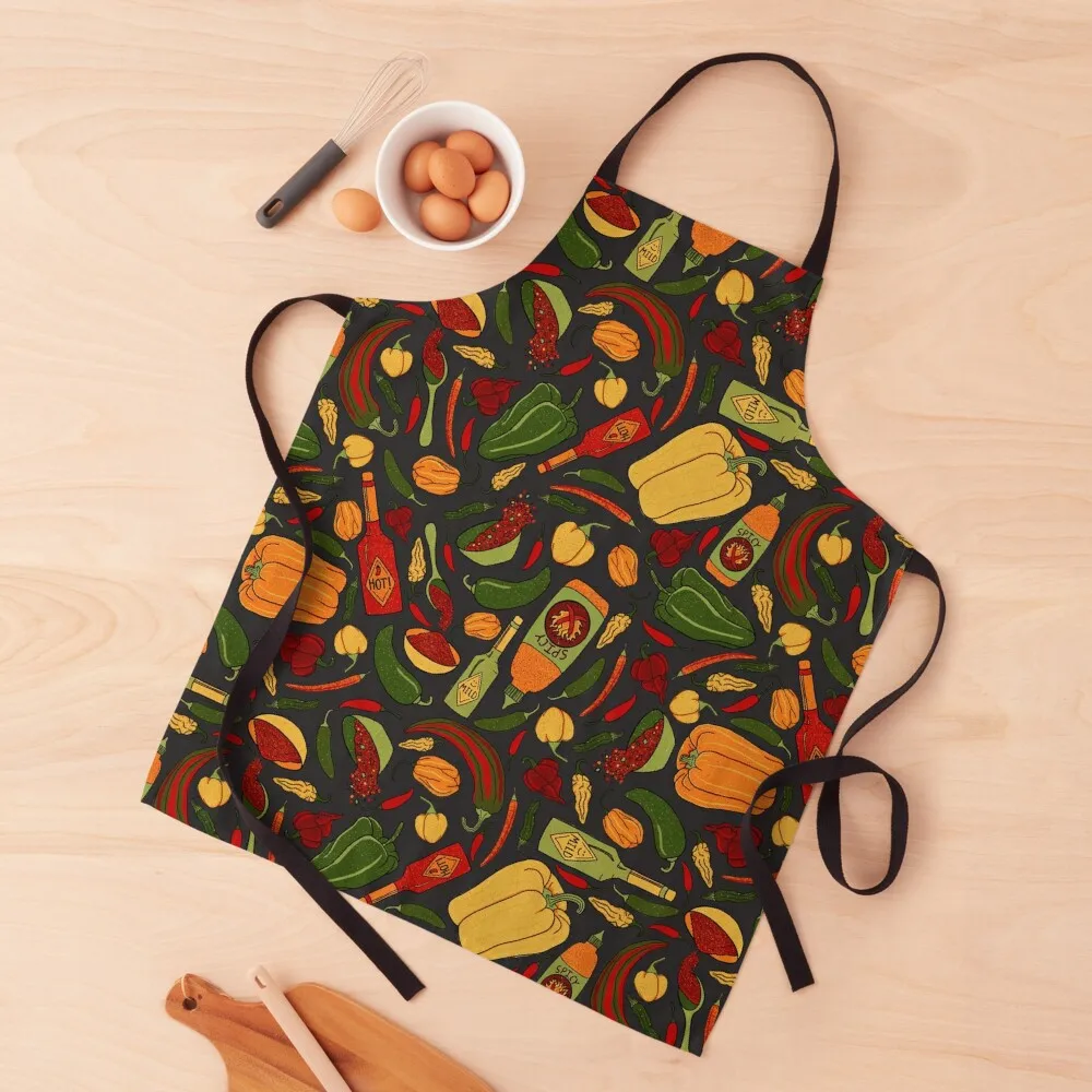 

Mild & Hot Peppers Seamless Pattern - Raven Gray Apron Customizable Kitchen Things And For Home Apron